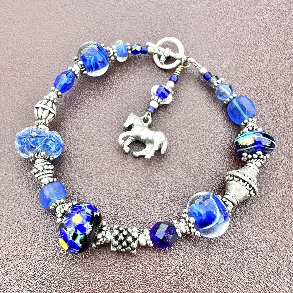 Vintage Blue Lampwork Glass Horse Charm Bracelet Equestrian Cowgirl Western
